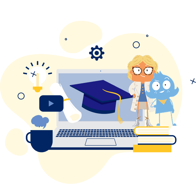 Ilustração da Hop On Academy com notebook, livros e mascotes