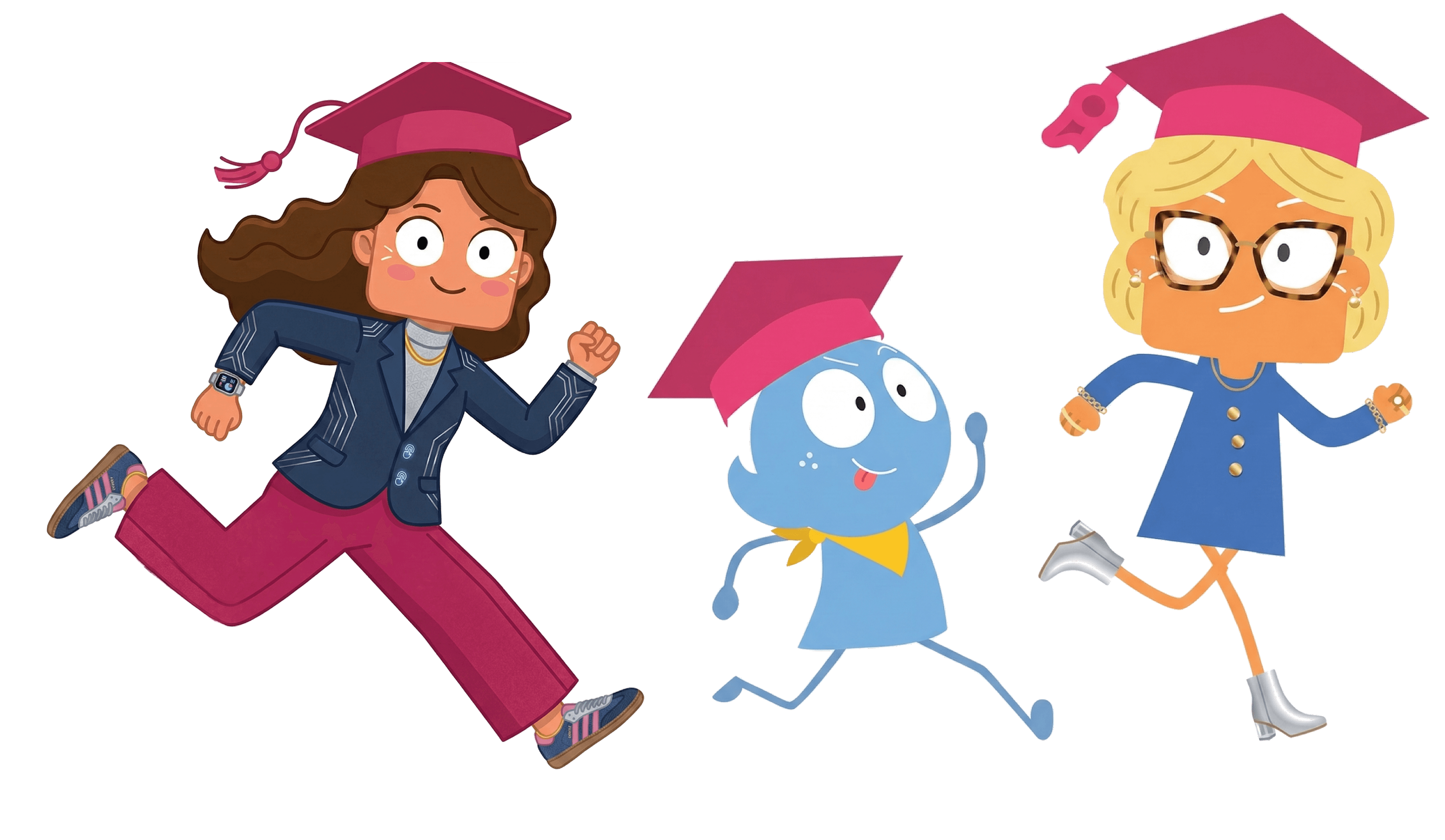 Personagens da Hop On celebrando uma jornada acadêmica internacional